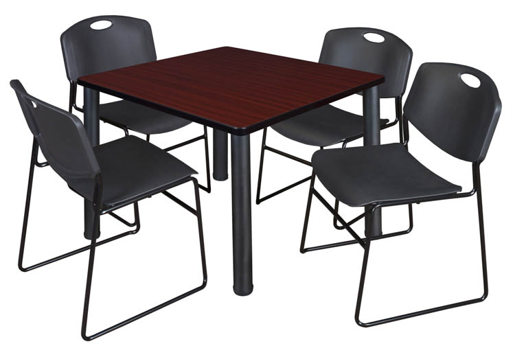 42" Square Breakroom Table- Mahogany/ Black & 4 Zeng Stack Chairs by Regency Furniture