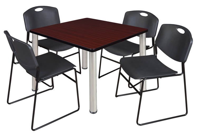 42" Square Breakroom Table- Mahogany/ Chrome & 4 Zeng Stack Chairs by Regency Furniture