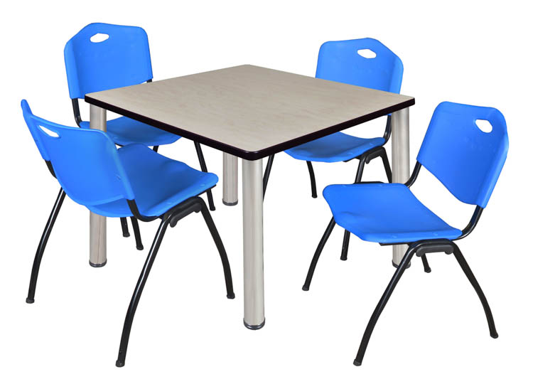 42" Square Breakroom Table- Maple/ Chrome & 4 'M' Stack Chairs by Regency Furniture