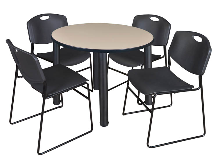 42" Round Breakroom Table- Beige/ Black & 4 Zeng Stack Chairs by Regency Furniture