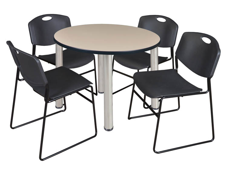 42" Round Breakroom Table- Beige/ Chrome & 4 Zeng Stack Chairs by Regency Furniture