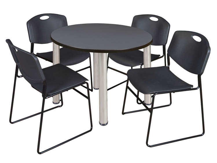 42" Round Breakroom Table- Gray/ Chrome & 4 Zeng Stack Chairs by Regency Furniture