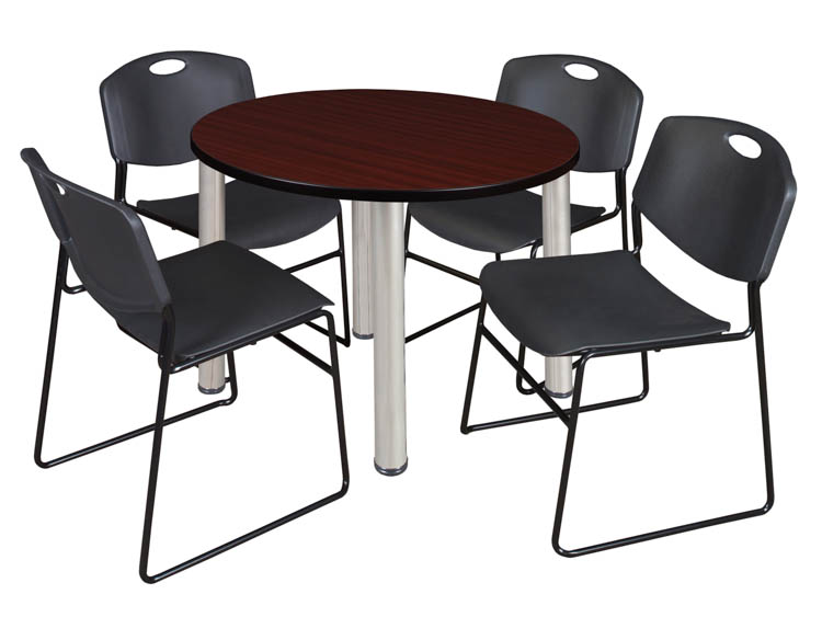 42" Round Breakroom Table- Mahogany/ Chrome & 4 Zeng Stack Chairs by Regency Furniture