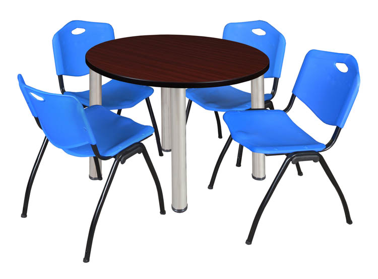 42" Round Breakroom Table- Mahogany/ Chrome & 4 'M' Stack Chairs by Regency Furniture