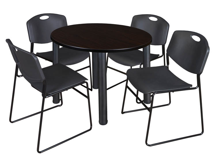 42" Round Breakroom Table- Mocha Walnut/ Black & 4 Zeng Stack Chairs by Regency Furniture