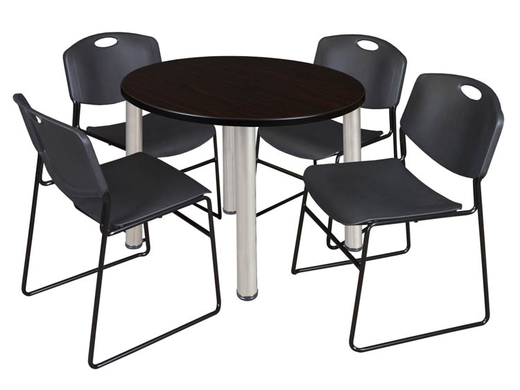 42" Round Breakroom Table- Mocha Walnut/ Chrome & 4 Zeng Stack Chairs by Regency Furniture