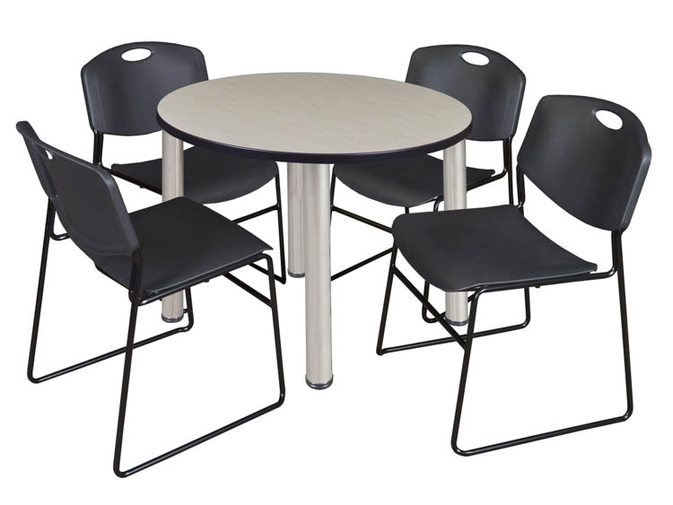 42" Round Breakroom Table- Maple/ Chrome & 4 Zeng Stack Chairs by Regency Furniture