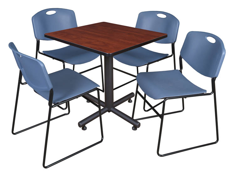 30" Square Breakroom Table- Cherry & 4 Zeng Stack Chairs by Regency Furniture