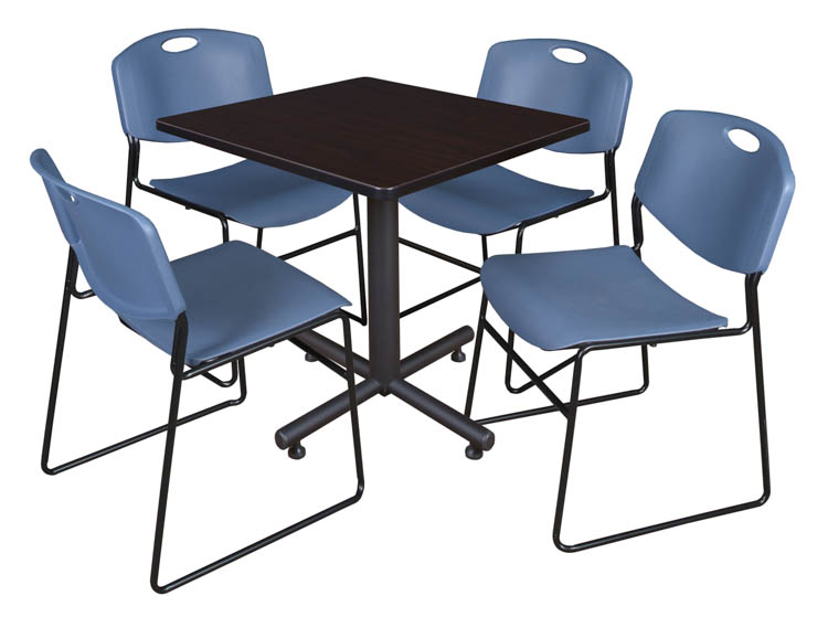 30" Square Breakroom Table- Mocha Walnut & 4 Zeng Stack Chairs by Regency Furniture