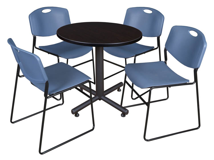 30" Round Breakroom Table- Mocha Walnut & 4 Zeng Stack Chairs by Regency Furniture