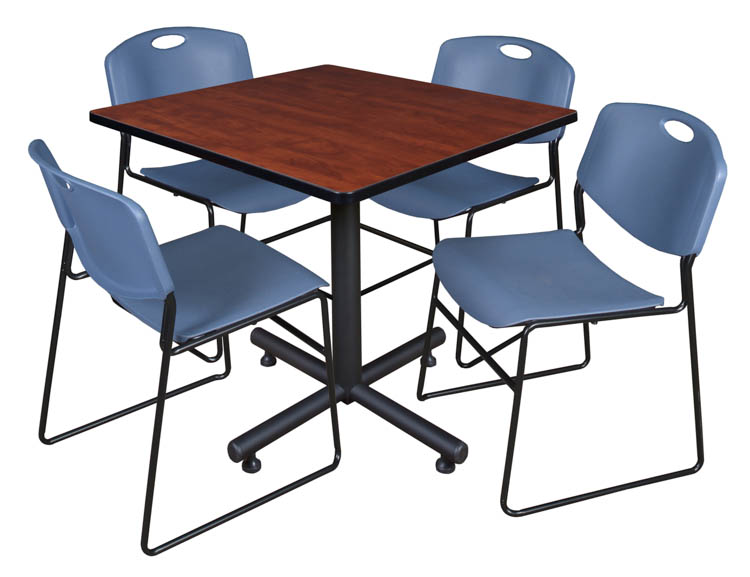 36" Square Breakroom Table- Cherry & 4 Zeng Stack Chairs by Regency Furniture