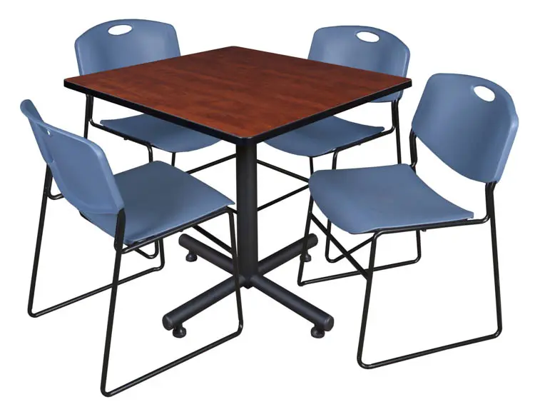 TKB3636CH44BE 36 In. Square Laminate Table- Cherry & Kobe Base With 4 Zeng Stacker Chairs- Blue