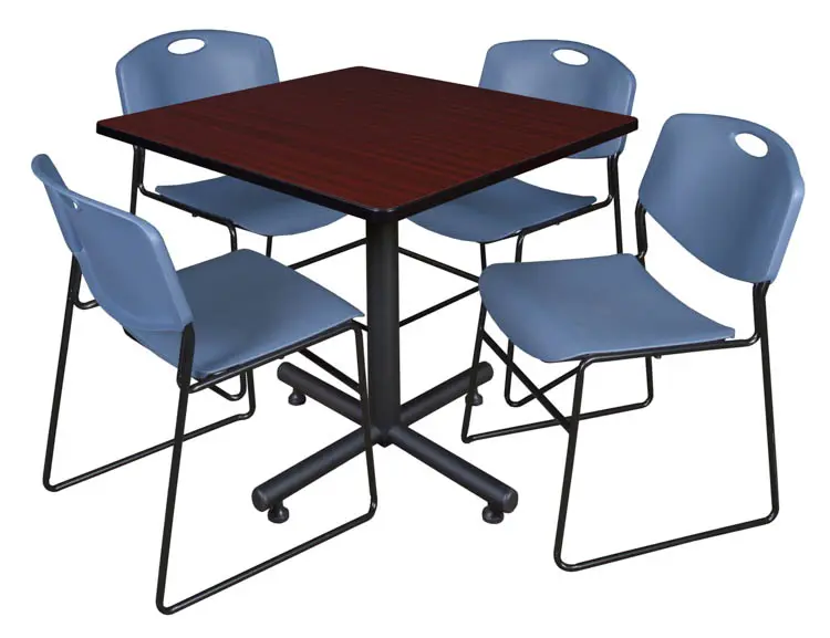 TKB3636MH44BE 36 In. Square Laminate Table- Mahogany & Kobe Base With 4 Zeng Stacker Chairs- Blue