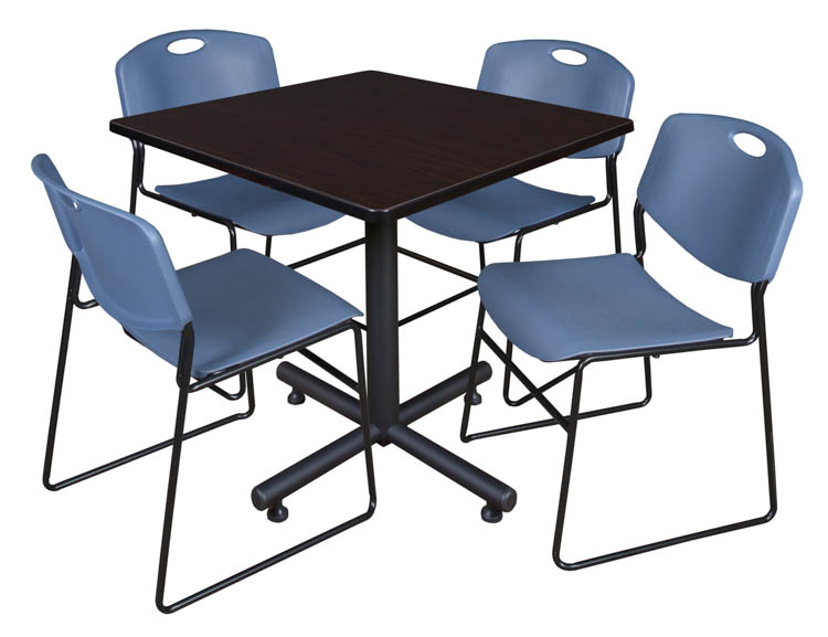 36" Square Breakroom Table- Mocha Walnut & 4 Zeng Stack Chairs by Regency Furniture