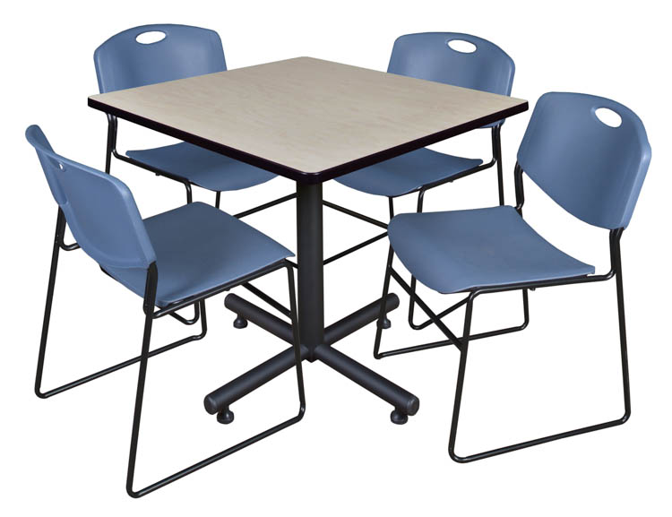 36" Square Breakroom Table- Maple & 4 Zeng Stack Chairs by Regency Furniture