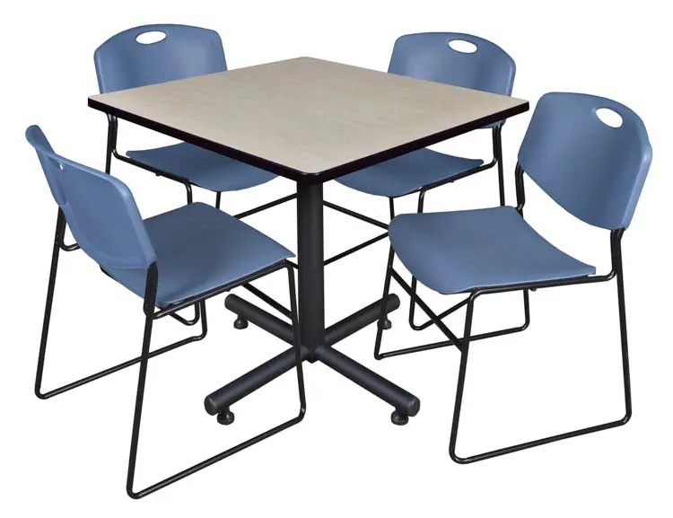 TKB3636PL44BE 36 In. Square Laminate Table- Maple & Kobe Base With 4 Zeng Stacker Chairs- Blue