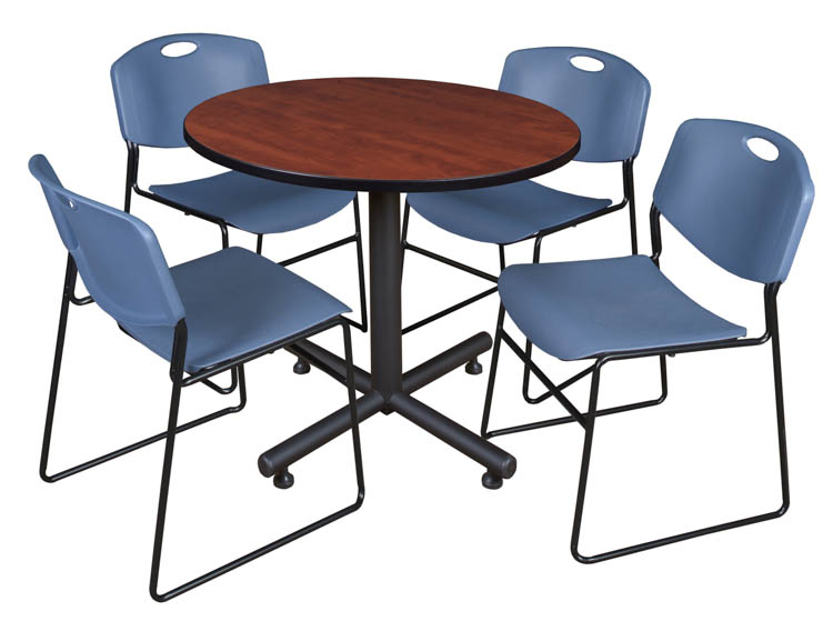 36" Round Breakroom Table- Cherry & 4 Zeng Stack Chairs by Regency Furniture