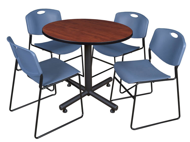 42" Round Breakroom Table- Cherry & 4 Zeng Stack Chairs by Regency Furniture