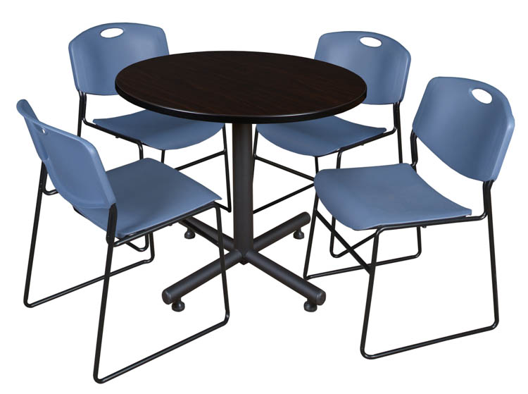 42" Round Breakroom Table- Mocha Walnut & 4 Zeng Stack Chairs by Regency Furniture