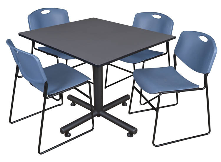 48" Square Breakroom Table- Gray & 4 Zeng Stack Chairs by Regency Furniture