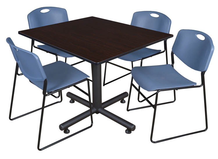 48" Square Breakroom Table- Mocha Walnut & 4 Zeng Stack Chairs by Regency Furniture