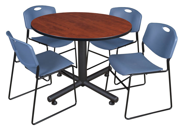 48" Round Breakroom Table- Cherry & 4 Zeng Stack Chairs by Regency Furniture