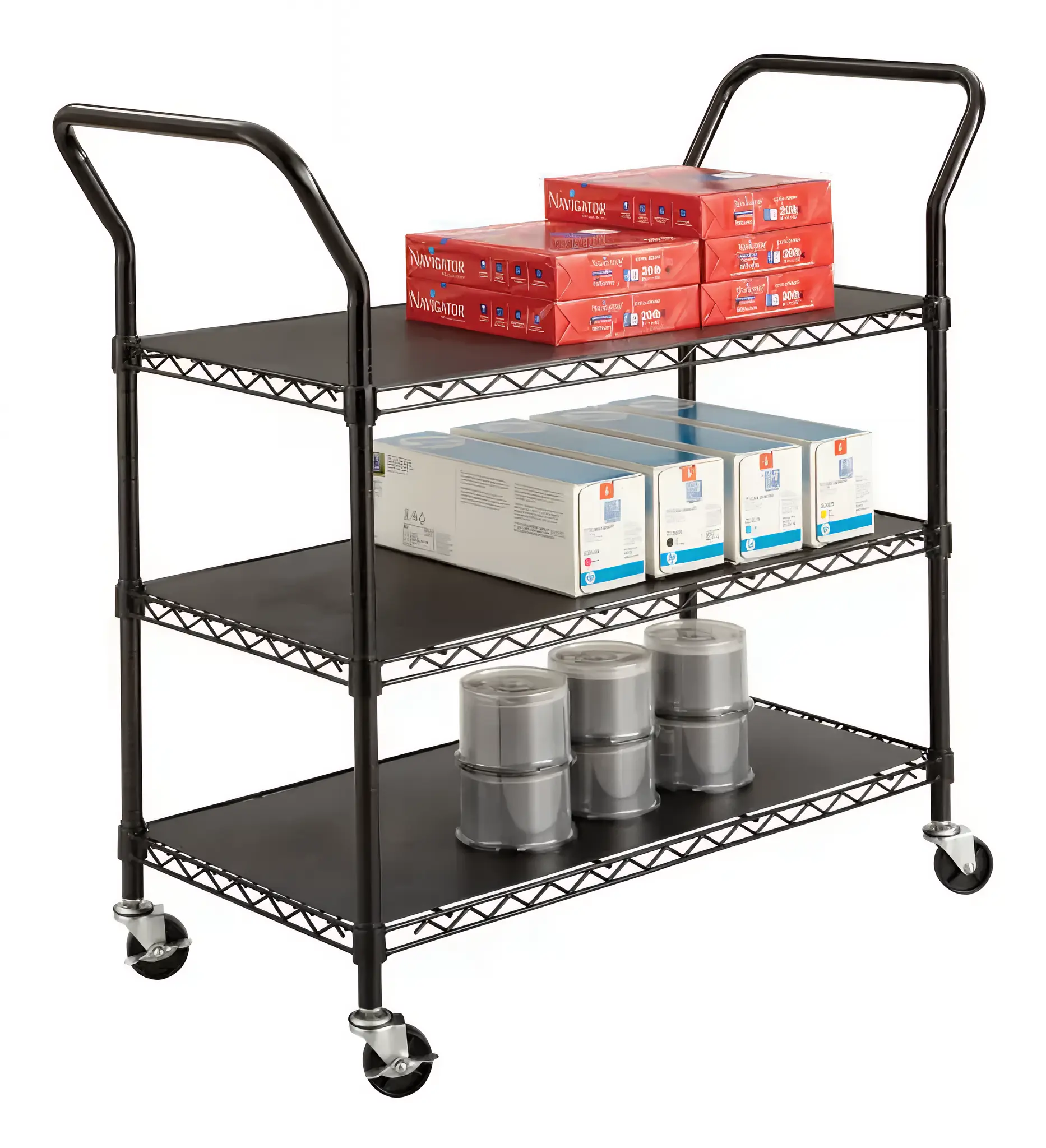 Safco 3-Shelf Metal Mobile Utility Cart with Lockable Wheels, Black (5338BL)