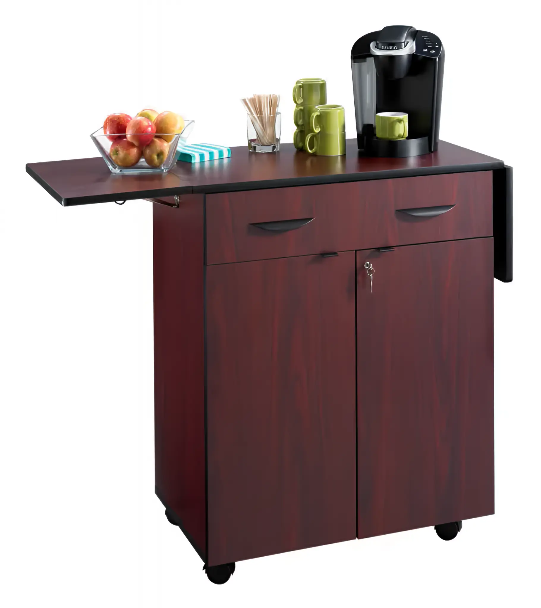 Safco 8962MH 32.5 in. to 56.25 in. x 20.5 in. x 38.75 in. 1 Drawer 3 Shelves Engineered Wood Hospitality Cart with Drop Leaves - Mahogany