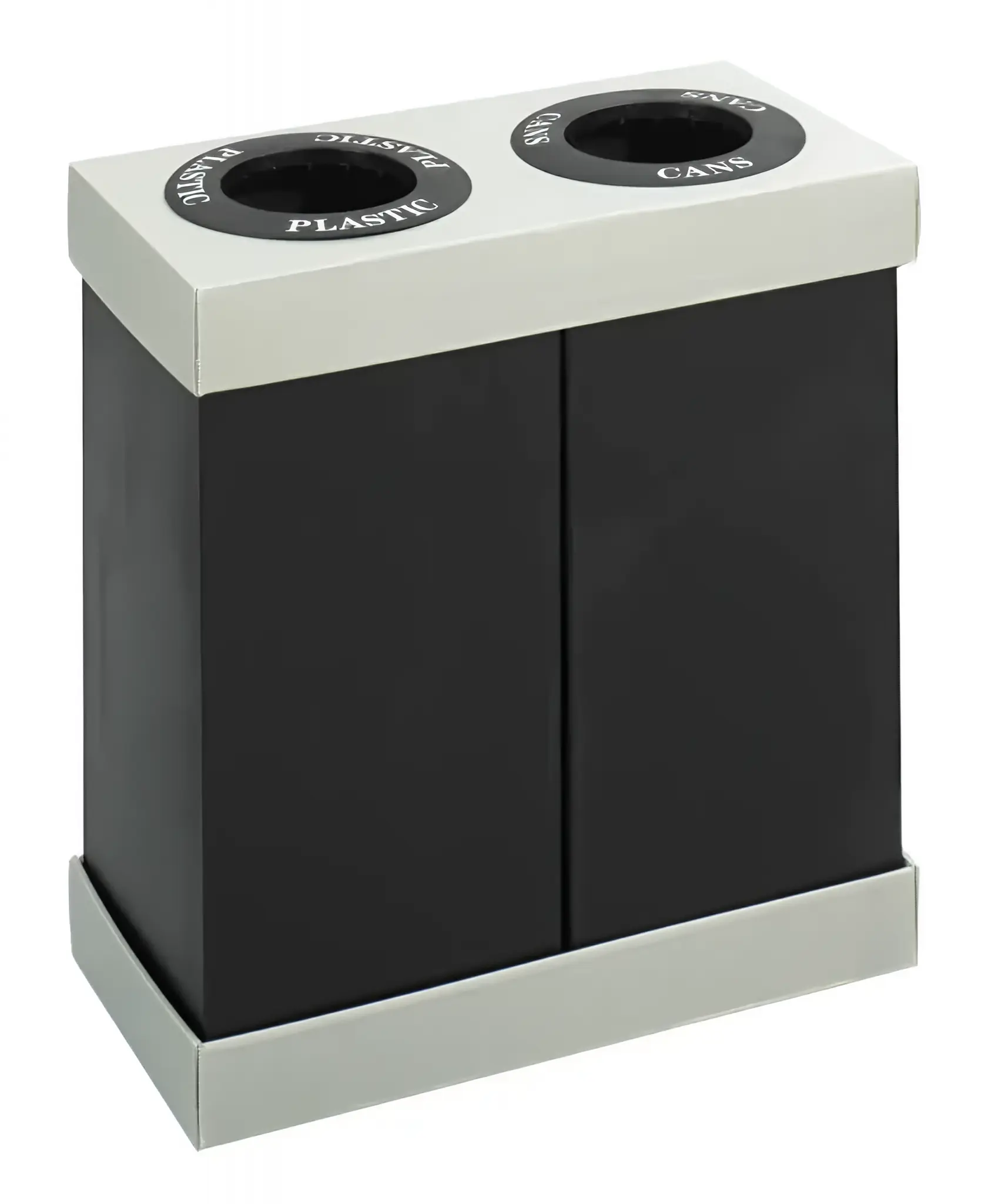 56 gal Rectangular Recycling Bin, Open Top, Black, Polyethylene, 2 Openings